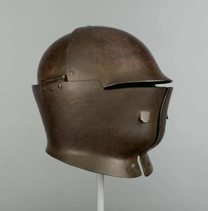 W. H. Mullins Co.. American, Salem, Ohio 1872–1974. American Helmet Model No. 7, Sentinel's Helmet. “Experimental helmet prototype,” 1918. Steel, leather, textile, paint. H. 12 in. (30.5 cm); W. 9 5/8 in. (24.4 cm); D. 12 in. (30.5 cm); Wt. 13 lb. 12.6 oz. (6254 g). The Metropolitan Museum of Art, Purchase, Bequest of Stephen V. Grancsay, Rogers Fund, Helmut Nickel Gift, and funds from various donors, by exchange, 2013.