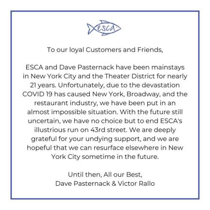 ESCA owners Dave Pasternack and Victor Rollo announced their restaurant’s closing on their website. Photo via esca-nyc.com