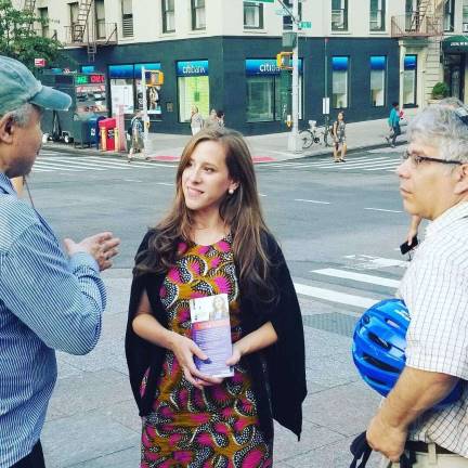 Naomi Levin, the Republican conservative who is seeking to topple longtime incumbent Democratic U.S. Rep. Jerrold Nadler, campaigning recently at a West 96th Street subway stop. Photo courtesy of Naomi Levin for Congress Campaign