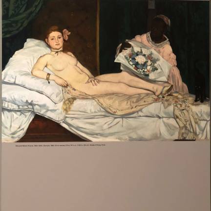A reproduction of Manet's iconic "Olympia" at Columbia University's Wallach Art Gallery. The painting was the inspiration for a doctoral dissertation and the current show. Credit: Val Castronovo