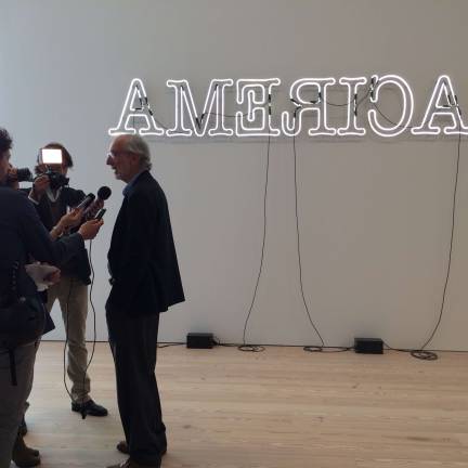 Architect Renzo Piano speaks with members of the press on the fifth floor of the museum in front of Glenn Ligon&#x2019;s 2009 sculpture &#x201c;Ruckenfigur.&#x201d;