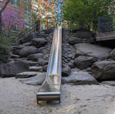 The slide at Teardrop Park, April 2025.