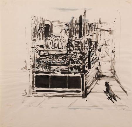 "New York City Winter," 1956, brush and ink and watercolor. From the artist’s studio. © Wayne Thiebaud/Licensed by VAGA, New York, N.Y.