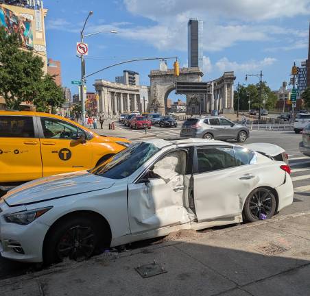 The second allegedly stolen car crashed at Bowery near Canal, Sunday July 20, 2025.