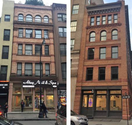 Though 92 Chambers Street (left) and 10 Hubert Street are similar in appearance and both located in Tribeca, the former falls outside of the Tribeca Historic Districts — the boundaries of which are the subject of a pending lawsuit. Photos: Michael Garofalo