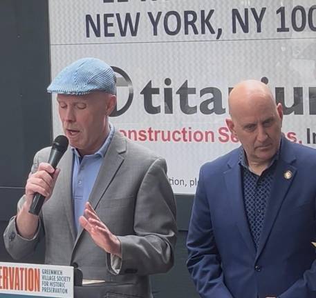 Village Preservation Executive Director Andrew Berman (left) and City Council Member Harvey Epstein (right) railed against a proposed tower development at 5 W. 13th St. on April 23.