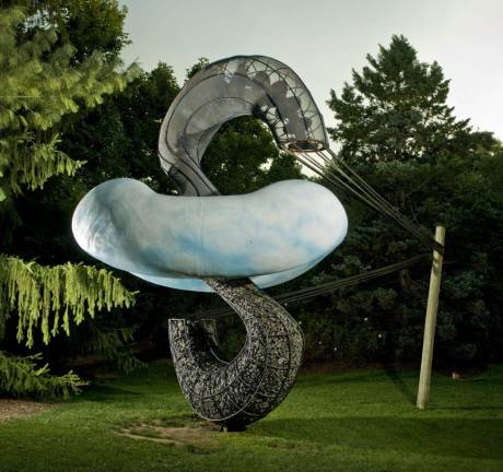 John Newman, Skyhook,1998, steel, stone, epoxy foam, epoxy resin, cable, wood, paint, 240 x300 x 156 inches, Grounds For Sculpture, Gift of The Seward Johnson Atelier,© Artist or Artist’s Estate,photo:David Michael Howarth Photography. Photo Credit: courtesy of Grounds for Sculpture, Hamilton NJ.