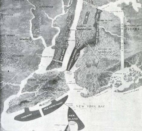 Thomson’s 1916 plan reimagining Manhattan and the city’s waterways. Image: Popular Science