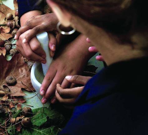 Learning the uses of acorn flour from a Naragansett tribal member at Union Theological Seminary, Center for Earth Ethics. Photo: Elio Bernardo