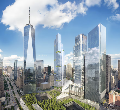 A mock-up of the new American Express Tower (center) side-by-side with the Freedom Tower, in the World Trade Center complex.