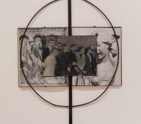 Em Rooney encloses photographs in ceramic, wire, glass and fabric to create portraits recalling altars, memorials and plaques. "Veronica's Horror," 2017. Photo: Adel Gorgy