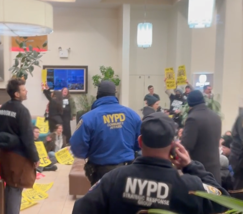 Anti-ICE protesters occupied the lobby of a Hilton in Tribeca on Tuesday, Jan. 27. A total of 66 were arrested.