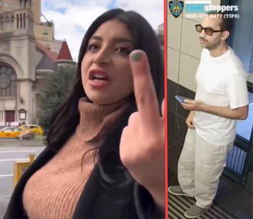 Left: Dana Baraket in October 2023, after tearing down Israeli hostage posters. Right: police say the suspect is wanted for public lewdness in Kips Bay.