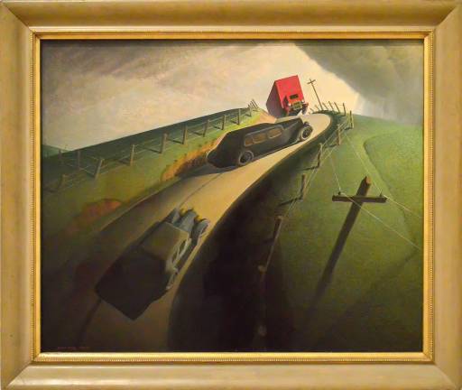 Grant Wood's &quot;Death on the Ridge Road,&quot; 1935. Oil on composition board, 39 x 46 1/16 in., Williams College Museum of Art. Photo: Adel Gorgy