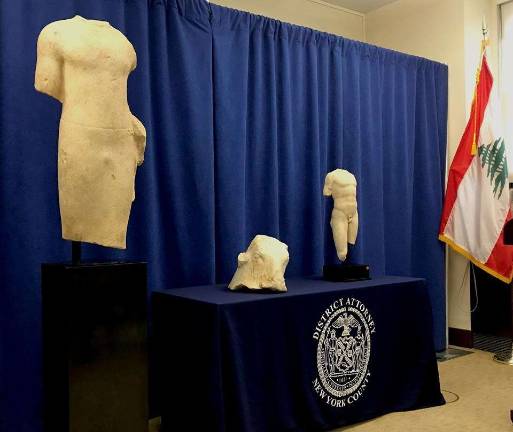 A 2,400-year-old marble bull’s head and other artifacts stolen from a Lebanese archaeological site were recovered by the Manhattan District Attorney’s Office and repatriated to the Lebanese government in December. Photo: Manhattan District Attorney’s Office