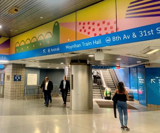 When asked about her favorite panel, Dahlia Elsayed noted this one, just over the exit to 31st Street and Eighth Avenue. A lighthouse and stars give a final pause before leaving the station. Photo: Ralph Spielman