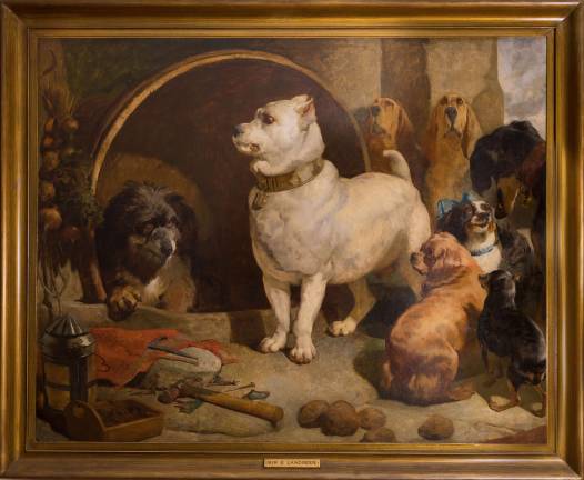 "Alexander and Diogenes" is an undated and whimsical work that was described as in the style of Sir Edwin Henry Landseer, the famed canine painter also known for his many imitators. Image: American Kennel Club Museum of the Dog