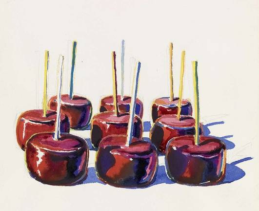 "Nine Jelly Apples," 1964, watercolor and graphite. Yale University Art Gallery, Gift of George Hopper Fitch, B.A. 1932. Photo: Tony De Camillo. &Copy; Wayne Thiebaud/Licensed by VAGA, New York, N.Y.