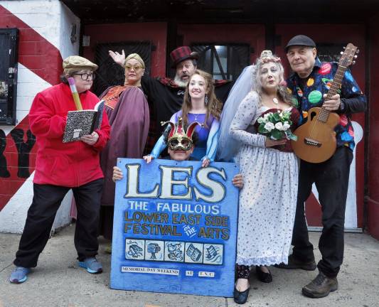 Performers, playwrights and members of the planning committee of Theater for the New City's Lower East Side Festival of the Arts welcome all New Yorkers to the Fesival's 30th iteration, which will be May 23-35, 2025. L-R: Playwrights Barbara Kahn and Melanie Goodreaux, Performer David F. Slone Esq., performer Toni Renee Taylor, playwright/director Miguel Loyola, director Lissa Moira, performer/playwright Richard West.