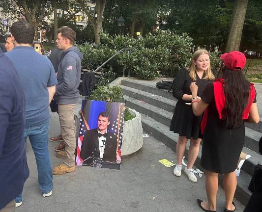 A second memorial service for the slain conservative commentator Charlie Kirk was held in Washington Square Park the same night, but did not draw quite as big a crowd.