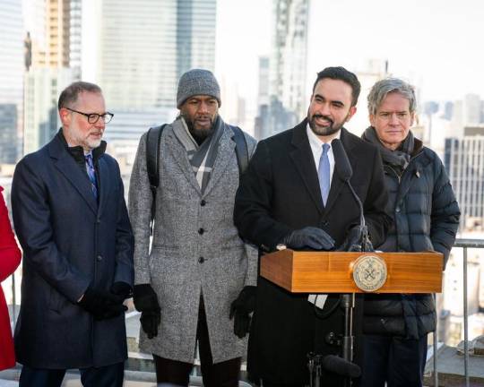 Mayor Zohran Mamdani at a Feb. 2 press conference atop the David M. Dinkins Municipal Building. He was joined by Comptroller Mark Levine, Public Advocate Jumaane Williams, and Manhattan B.P. Brad Hoylman-Sigal (from left). Discussion revolved around fighting the biting cold snap, which has killed 16.
