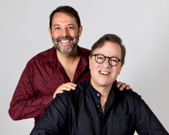 The playwrights Steve Rosen (left) and Gordon Greenberg are giving a new twist to a 19th century gothic horror novel in “Dracula: A Comedy of Terrors” now at the New World Stages in Hell’s Kitchen. Photo: