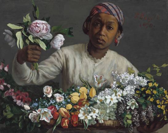 The extravagant “Young Woman with Peonies” (1870) by Frédéric Bazille, believed to represent a flower vendor not a servant Oil on canvas, 23 5/8 × 29 9/16 in. (60 × 75 cm). National Gallery of Art, Washington, D.C., Collection of Mr. and Mrs. Paul Mellon. Image courtesy National Gallery of Art, Washington, D.C.