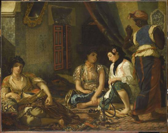 The iconic “Women of Algiers in Their Apartment” (1834) was considered by C&eacute;zanne, Matisse and Picasso to be “the touchstone of modern painting,” Louvre curator S&eacute;bastien Allard said at a preview. Eug&egrave;ne Delacroix (French, 1798–1863). “Women of Algiers in Their Apartment,” 1834. Oil on canvas. 70 7/8 &times; 90 3/16 in. Mus&eacute;e du Louvre, Paris &Copy;RMN-Grand Palais / Art Resource, NY. Photo: Franck Raux