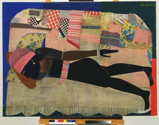 Romare Bearden's 1970 collage, "Patchwork Quilt," borrows from Manet's "Olympia" and other seminal works. Cut-and-pasted cloth and paper with synthetic polymer paint on composition board, 35 3/4 x 47 7/8 in. (90.0 x 121.6 cm). The Museum of Modern Art, New York, Blanchette Hooker Rockefeller Fund, 1970. Art © 2018 Romare Bearden Foundation/Licensed by VAGA at Artist's Rights Society (ARS), New York, NY