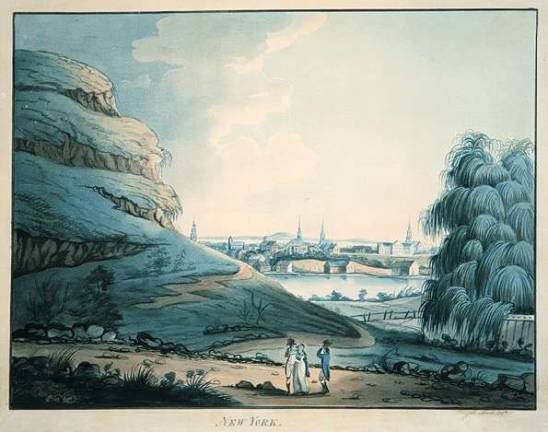 Watercolor of Collect Pond by Archibald Robinson, 1798, via Wikimedia Commons