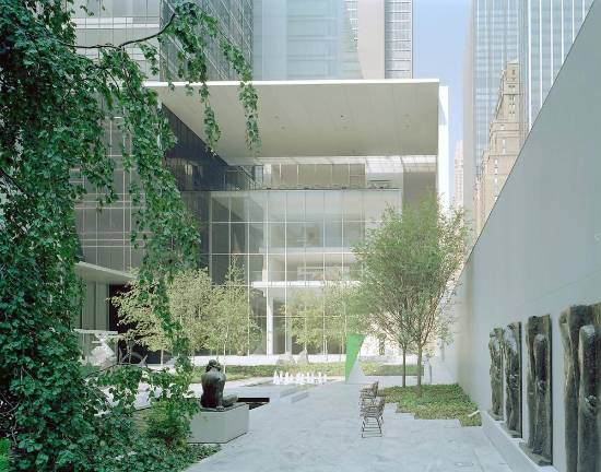 Left, Museum Tower, 1982, architect, Cesar Pelli &amp; Associates; center, The David and Peggy Rockefeller Building, 2004, architect, Yoshio Taniguchi; foreground, The Abby Aldrich Rockefeller Sculpture Garden, designed 1953, architect, Philip Johnson.