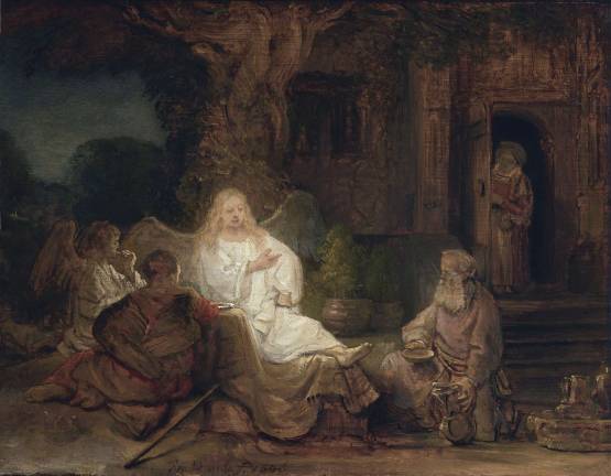 Rembrandt, “Abraham Entertaining the Angels,” 1646. Oil on oak panel, 6 3/8 x 8 3/8 in. Private collection. Photo: Michael Bodycomb