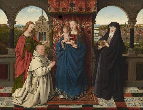 Jan van Eyck and Workshop, “The Virgin and Child with St. Barbara, St. Elizabeth, and Jan Vos,” ca. 1441–43, Oil on panel, 18 5/8 × 24 1/8 inches, The Frick Collection, New York. Photo: Michael Bodycomb
