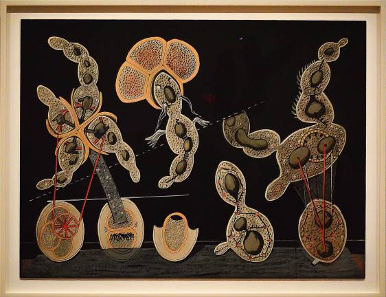 The curators point out that Ernst was fascinated by microscopic images which were just being published in the early 20th century. In &quot;The Gramineous Bicycle Garnished with Bells the Dappled Fire Damps and the Echinoderms Bending the Spine to Look for Caresses,&quot; Ernst overpainted an educational print depicting cells. Photo: Adel Gorgy