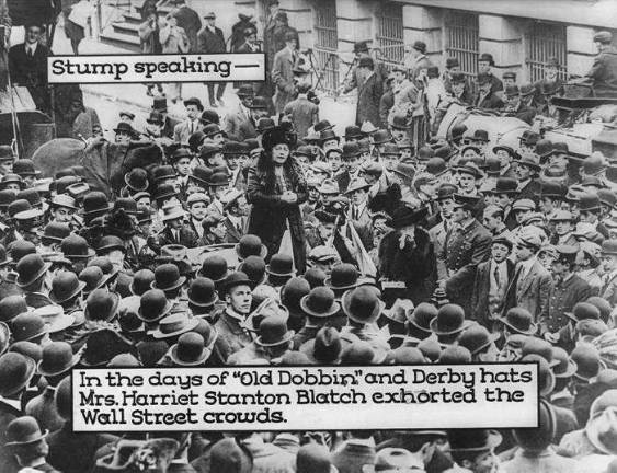 Harriot Stanton Blatch, the suffragist daughter of Elizabeth Cady Stanton, addresses a crowd on Wall Street near Broad Street from a soap box in 1915 as she campaigns for a woman's right to vote. Photo: Library of Congress, via NYC Landmarks Preservation Commission