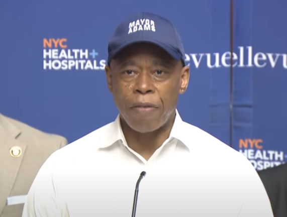 Mayor Eric Adams speaking at a Bellevue press conference about an August 1 double-shooting, on the Lower East Side, that wounded two NYPD sergeants.