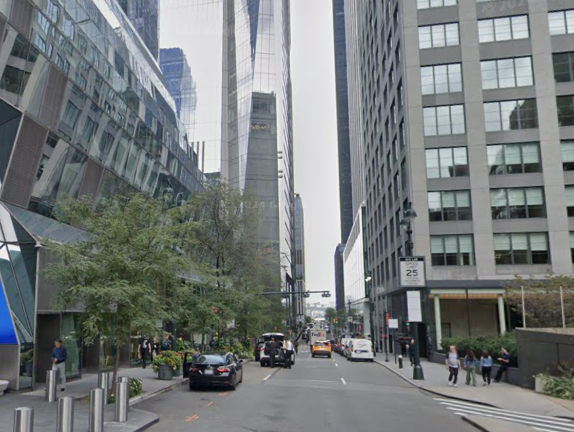 A view of the road fronting 450 W. 33rd St. (left) in Hudson Yards where suspect Joseph Ryce reportedly made the robbery.