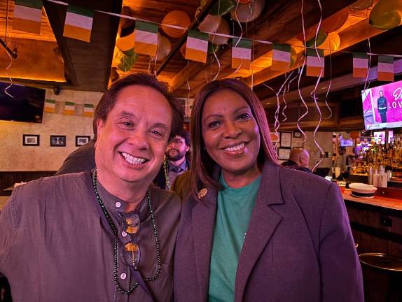 George Conway, one of the ten Democratic candidates vying to succeed Jerry Nadler in the 12 Congressional district, was seen chatting with New York State Attorney General Letia James on March 17 at the pre-parade Lexington Democratic Club. Rival Assemblyman Alex Bores was also at the pre-parade gathering.