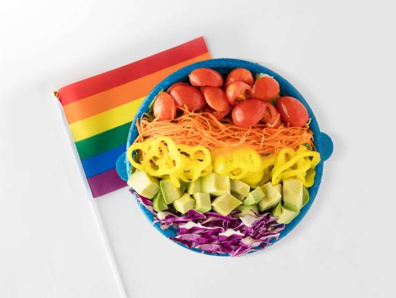 Just Salad is offering the Big Gay Garden Salad for Pride Month, and $1 from each salad sold will go toward supporting NYC Pride. Photo courtesy of Just Salad. 
