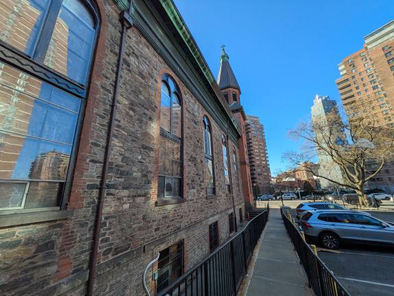 Original fieldstone on the sides of the landmarked Church of St. Mary.