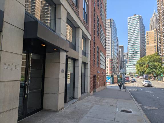 320 Pearl Street looking south towards Peck Slip; the school, PS 343, is on the corner.