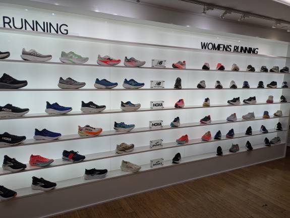 Paragon Sports running shoe wall.