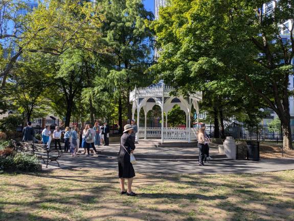 Gazebo, plaza, and trees at Washington Market Park.