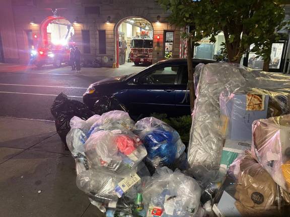 Trash piled up across from Ladder 25, Division 3 Rescue 1 on West 77th Street. Photo: Michael Oreskes