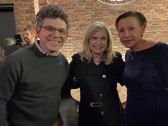 Rep. Carolyn Maloney (center) with Council Member-elect Lincoln Restler and Congresswoman Nydia Velazquez. Photo courtesy of Maloney’s campaign