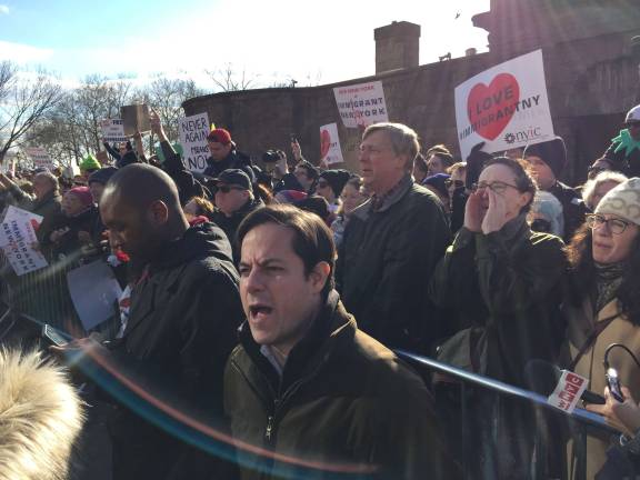 City Council Member Dan Garodnick at a January 2016 rally in Battery Park to protest the Trump administration's proposed ban on travelers from predominately Muslim nations. Photo:Cory Epstein / Dan Garodnick's office
