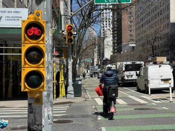 The DOT installed eye level traffic signals for bikers on a two mile stretch on Third Ave. on the UES earlier this year, but as seen by photo, bikers often ignore the signal entirely or treat traffic signals more as a yield sign.