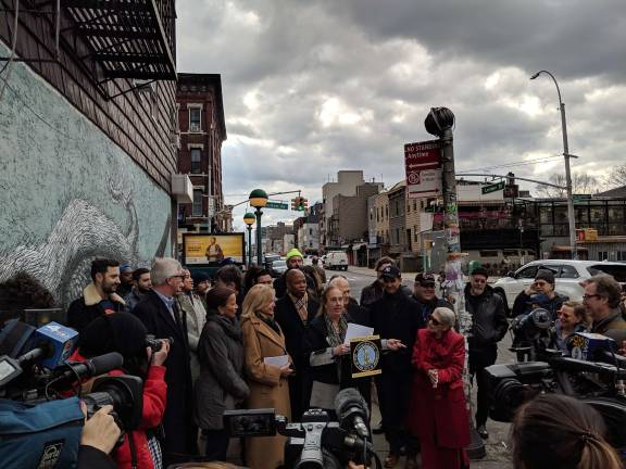 Manhattan Borough President Gale A. Brewer (center) with Brooklyn Borough President Eric Adams, Congresswoman Carolyn B. Maloney and other elected officials in Brooklyn on Sunday, Jan. 6 to call for greater transparency in L train plans. Photo courtesy of Manhattan Borough President Gale A. Brewer