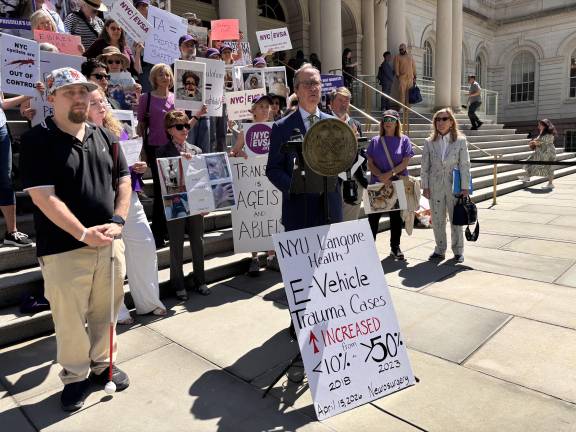 Attorney Jim Walden, chairman of NYC Common Sense, announces a lawsuit challenging Mayor Zohran Mamdani’s e-bike enforcement policy outside City Hall on June 25.