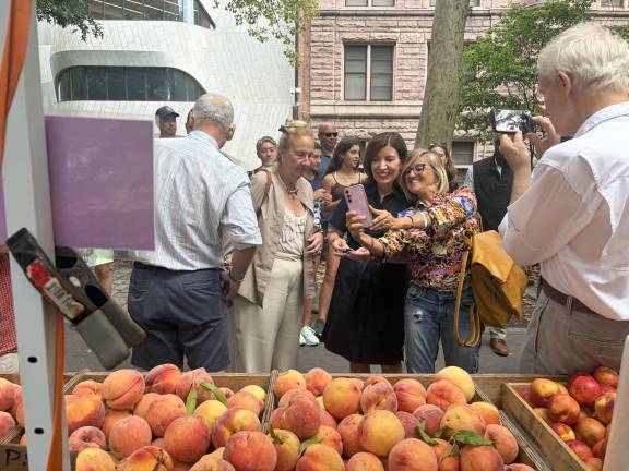 Gov. Kathy Hochul made campaign stops at two farmers’ markets on the Upper West Side.